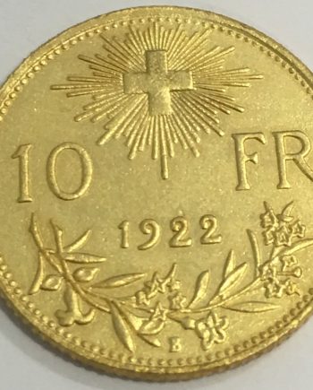 Позлатена монета 10 франка 1922 г. Швейцария DZ0050